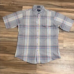 GANT Shirt Mens L Foxhunt Plaid Grey Blue Red Half Sleeve Button Down Fitted